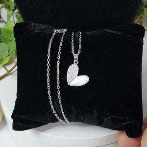 Silver Chain Necklace with Micro Pave and Shell Heart Pendant